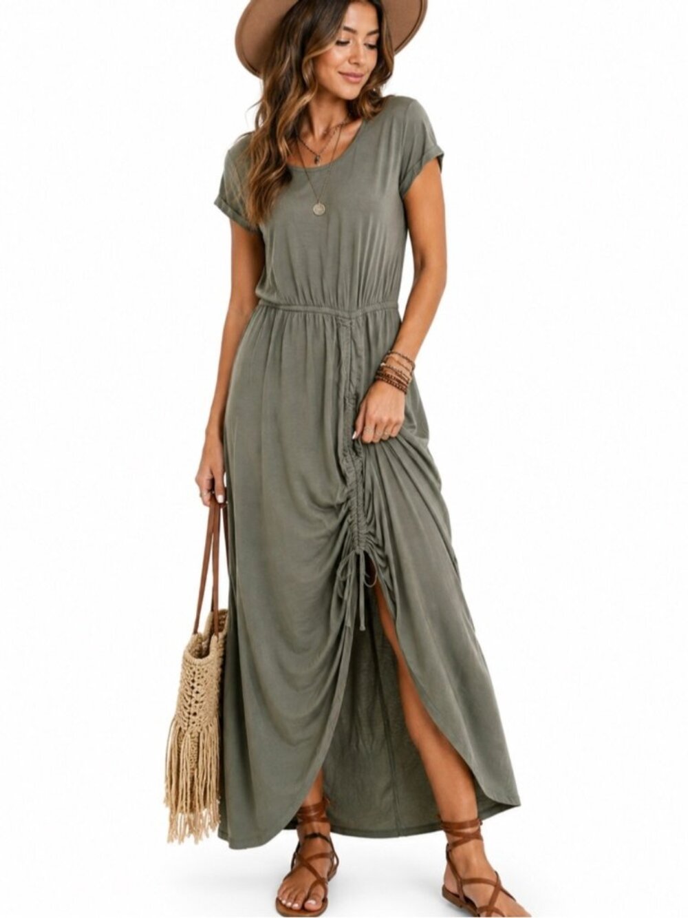 Buffalo David Bitton Olive Maxi Dress Medium Ruched Side Drawstring Slit Casual